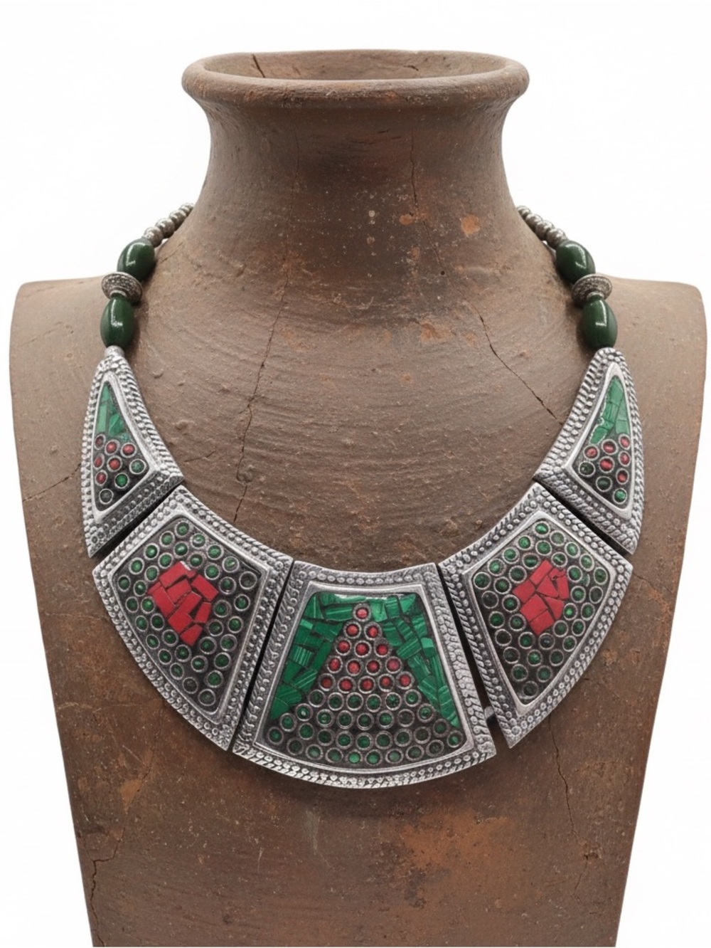 Vintage Nepal Tibetan Malachite Coral Bib Necklace, Statement Inlay Jewelry